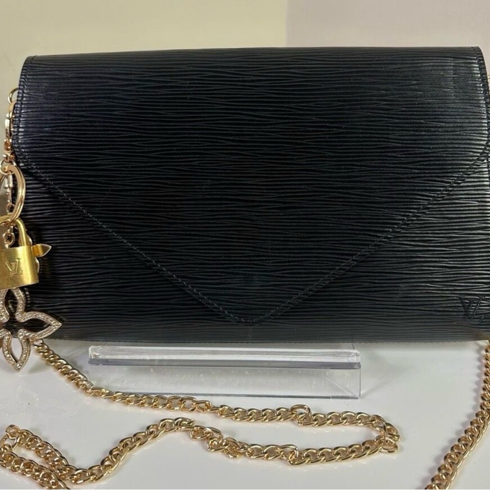 Louis Vuitton Black Leather Chain Epi Crossbody Clutch with Gold Charm
